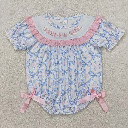 SR2944 Baby Infant Girls Short Ruffle Sleeves Blue Bows DADDY'S GIRL Ruffle Rompers D 4.1