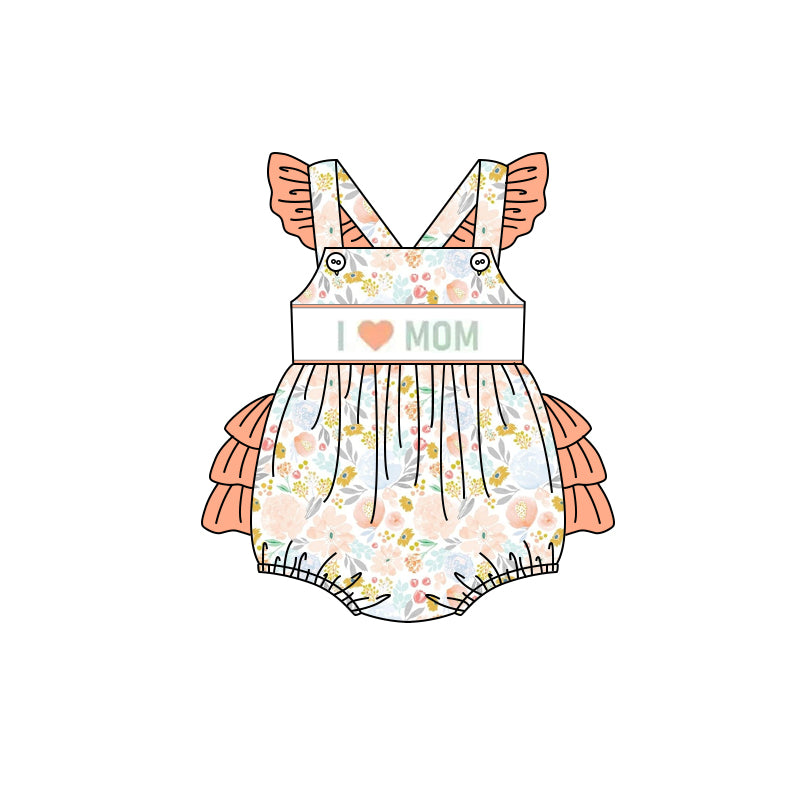 SR2948 Baby Infant Girls Orange Flutter Sleeves I LOVE MOM Floral Ruffle Rompers  D 3.31