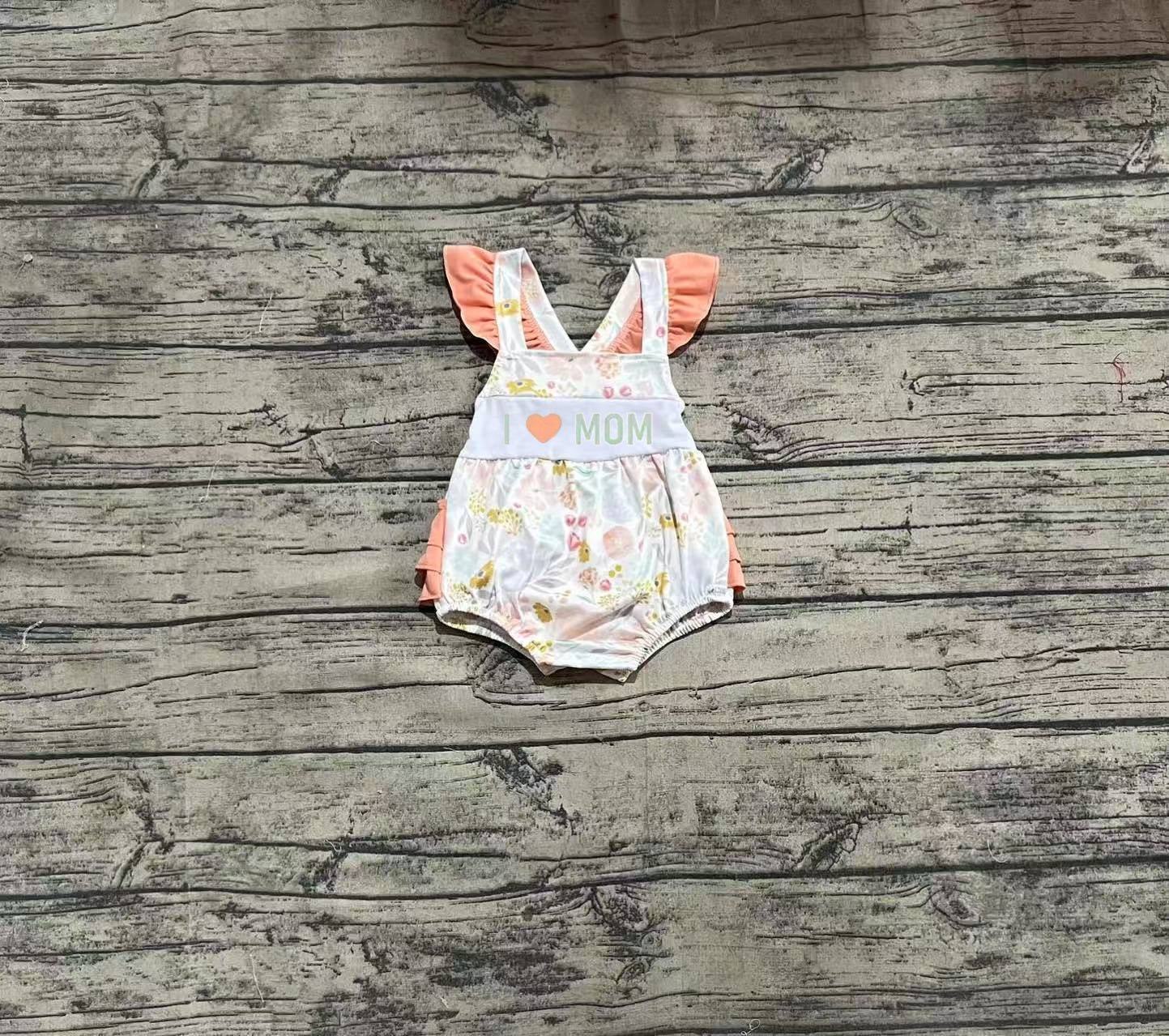 SR2948 Baby Infant Girls Orange Flutter Sleeves I LOVE MOM Floral Ruffle Rompers  D 3.31