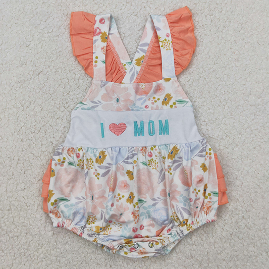 SR2948 Baby Infant Girls Orange Flutter Sleeves I LOVE MOM Floral Ruffle Rompers D 3.31