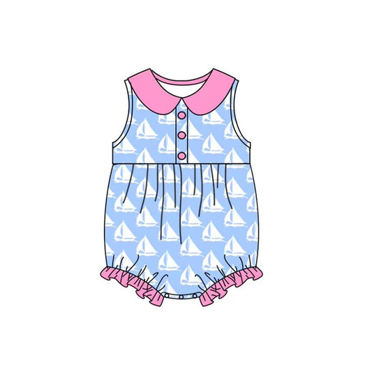 presale SR2951 Baby Infant Girls Blue Sleeveless Button Boats Ruffle Rompers D 3.11