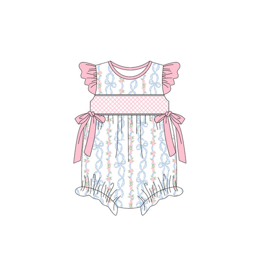presale SR2952 Baby Infant Girls Pink Flutter Sleeves Bows Floral Ruffle Rompers D 3.11