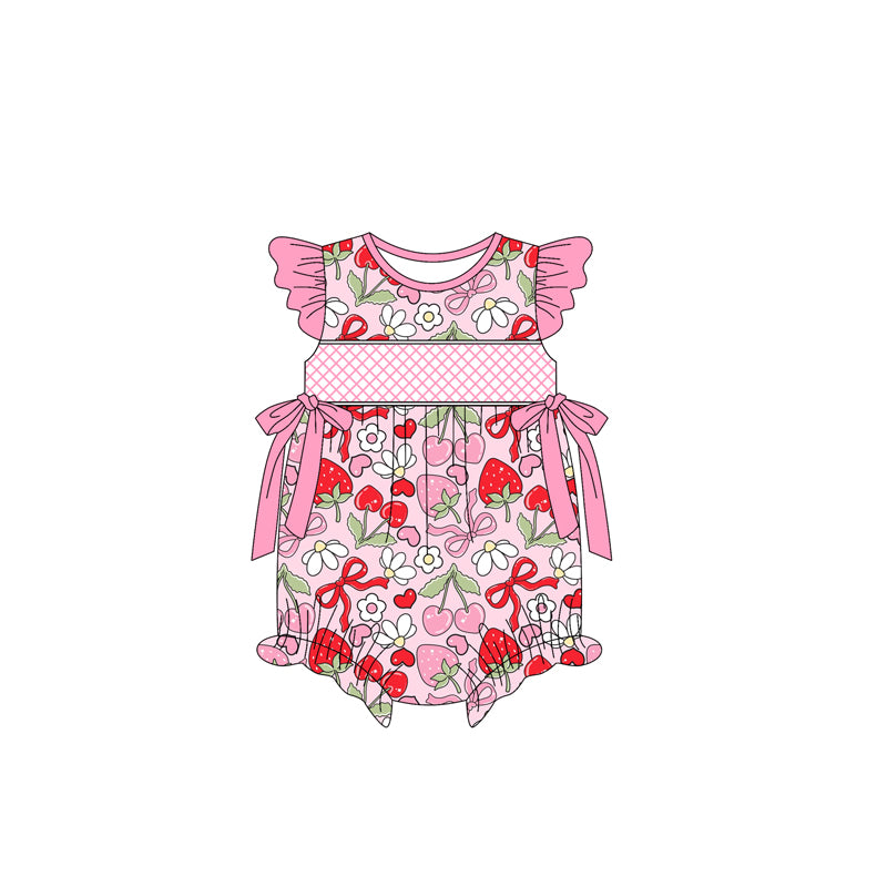 SR2953 Baby Infant Girls Pink Flutter Sleeves Bows Floral Strawberry Ruffle Rompers  D 4.12
