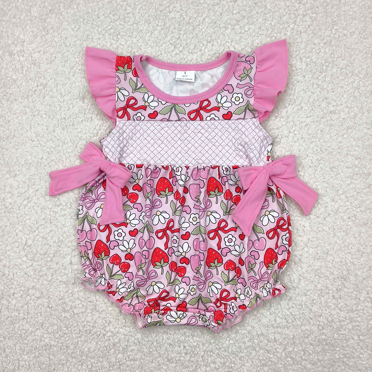 SR2953 Baby Infant Girls Pink Flutter Sleeves Bows Floral Strawberry Ruffle Rompers  D 4.12