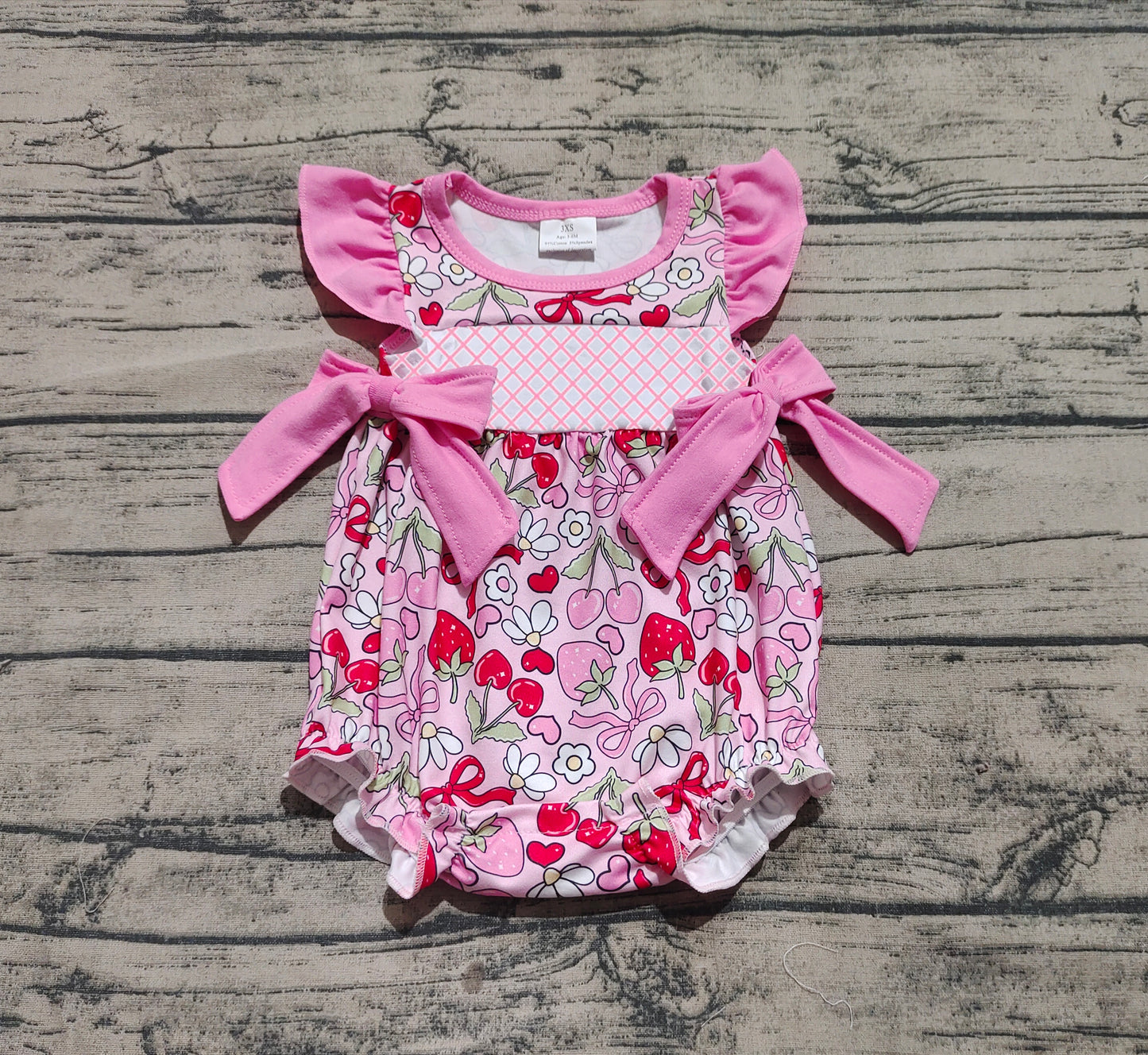 SR2953 Baby Infant Girls Pink Flutter Sleeves Bows Floral Strawberry Ruffle Rompers  D 4.12
