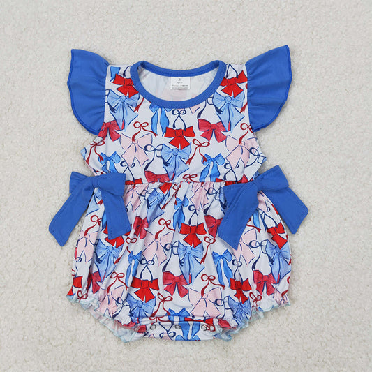 SR2954 Baby Infant Girls Flutter Sleeves Blue Hot Bows 4th Of July Ruffle Rompers D 3.31