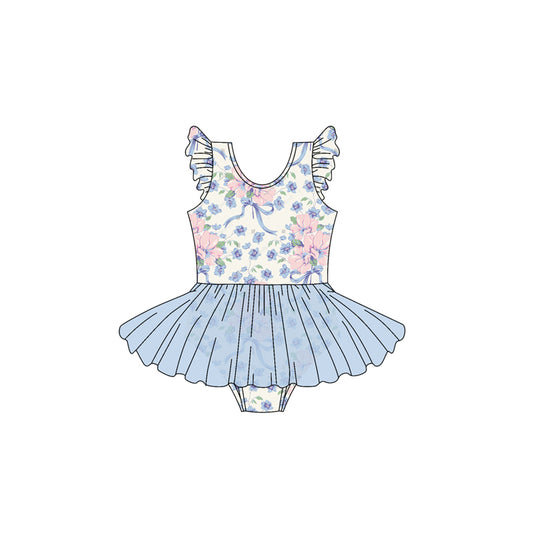 presale SR2956 Baby Girls Flutter Sleeves Bow Floral Skort Bummies One Piece Swimsuit D 3.11
