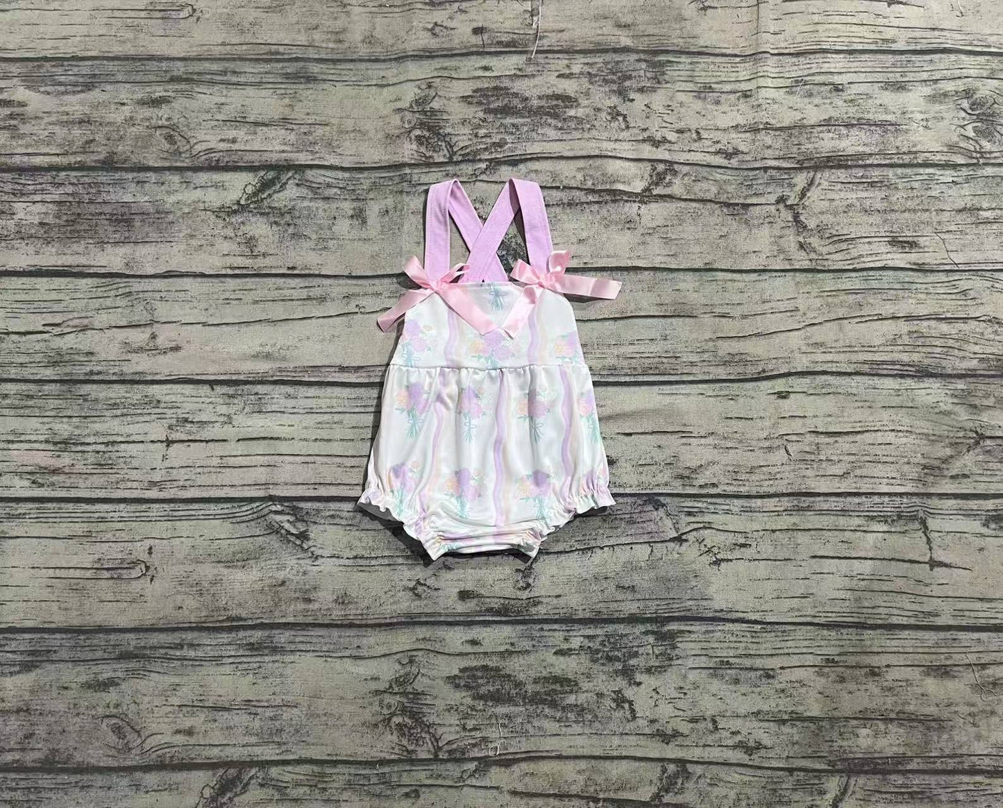 SR2961  Baby Infant Girls Hot Pink Bows Strap Floral Stripe Ruffle Rompers  D 4.10