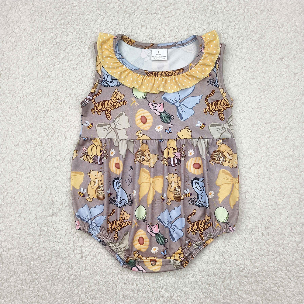 SR2963 Baby Infant Girls Gray Sleeveless Cartoon Pigs Tigers Ruffle Rompers  D 4.14