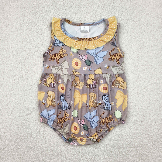 SR2963 Baby Infant Girls Gray Sleeveless Cartoon Pigs Tigers Ruffle Rompers D 4.14