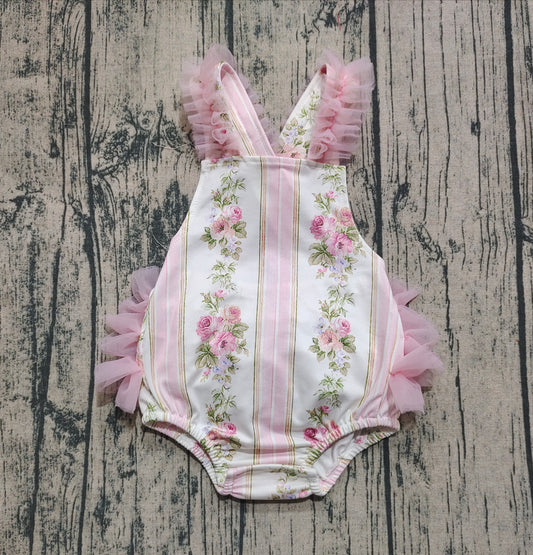 presale SR2964 Baby Infant Girls Pink Tulle Strap Floral Stripe Ruffle Rompers  D 6.17
