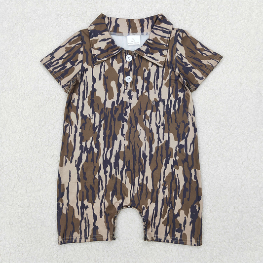 SR2976  Baby Infant Boys Short Sleeves Olive Bottomland Camo Button Rompers  D 3.31
