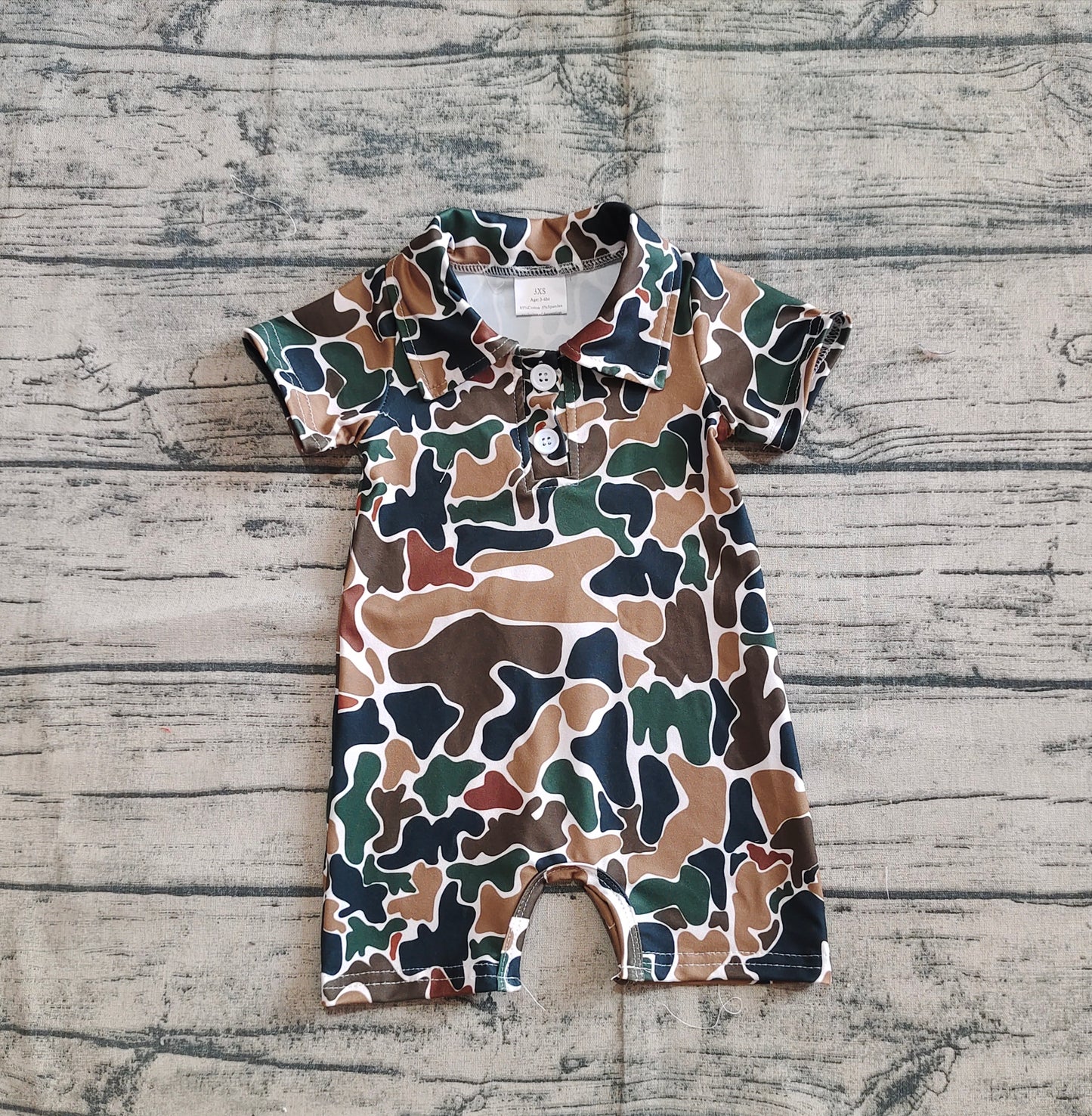 SR2979  Baby Infant Boys Short Sleeves Dark Brown Camo Button Rompers  D 3.31
