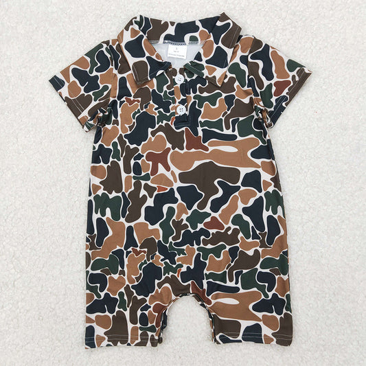 SR2979  Baby Infant Boys Short Sleeves Dark Brown Camo Button Rompers  D 3.31