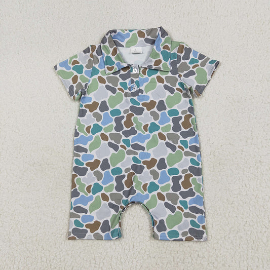 SR2980 Baby Infant Boys Short Sleeves Blue Camo Button Romper D 5.30