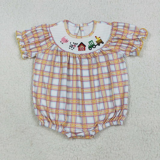SR2982  Baby Infant Girls Orange Plaid Cows Farm Smocked Rompers  D 7.11