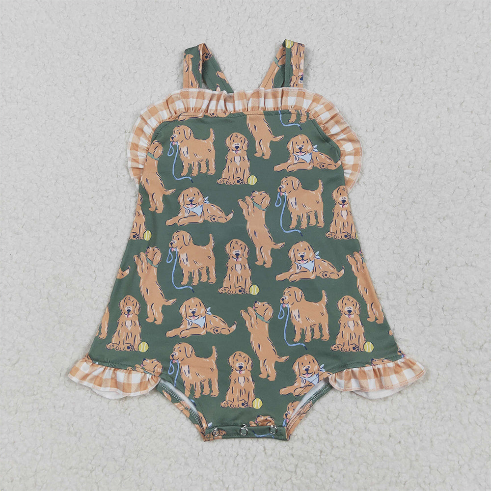 SR2986 Baby Infant Girls Green Strap Dogs Ruffle Rompers  D 5.6