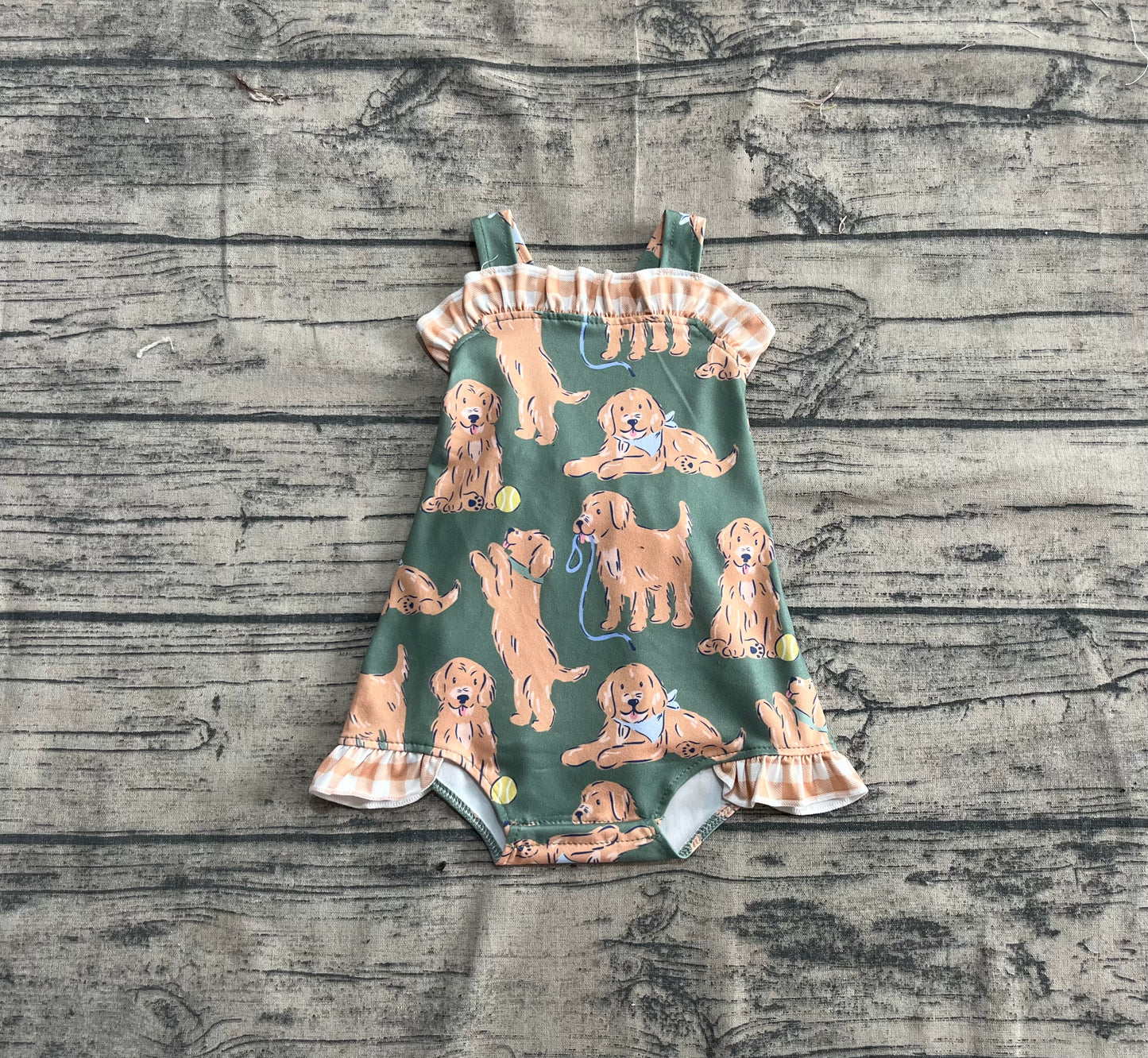 SR2986 Baby Infant Girls Green Strap Dogs Ruffle Rompers  D 5.6