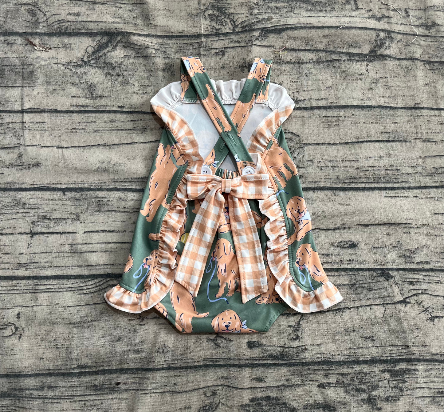 SR2986 Baby Infant Girls Green Strap Dogs Ruffle Rompers  D 5.6
