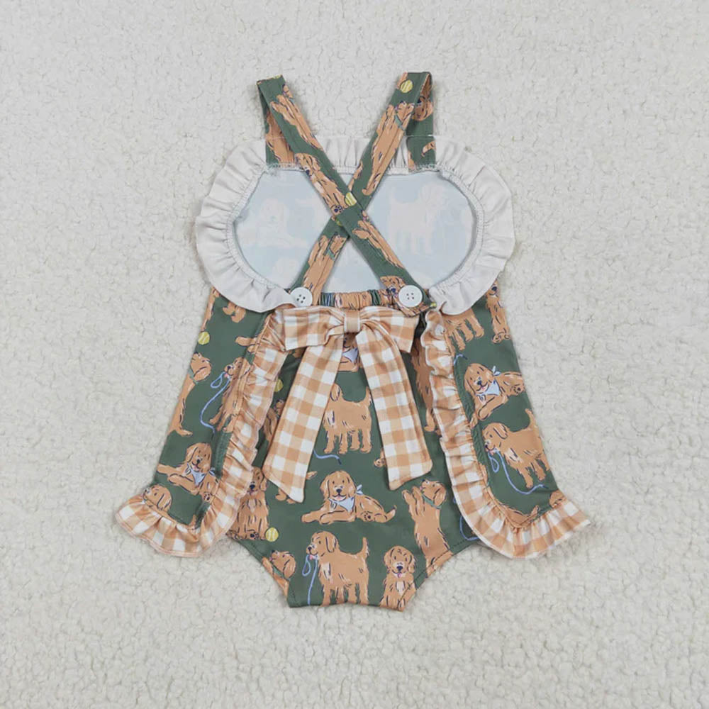 Sibling Baby Girls Green Sleeveless Dogs Bows Tunic Khaki Plaid Ruffle Shorts Sets Rompers  D 7.8
