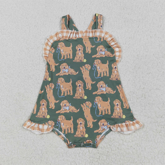 SR2986 Baby Infant Girls Green Strap Dogs Ruffle Rompers  D 5.6