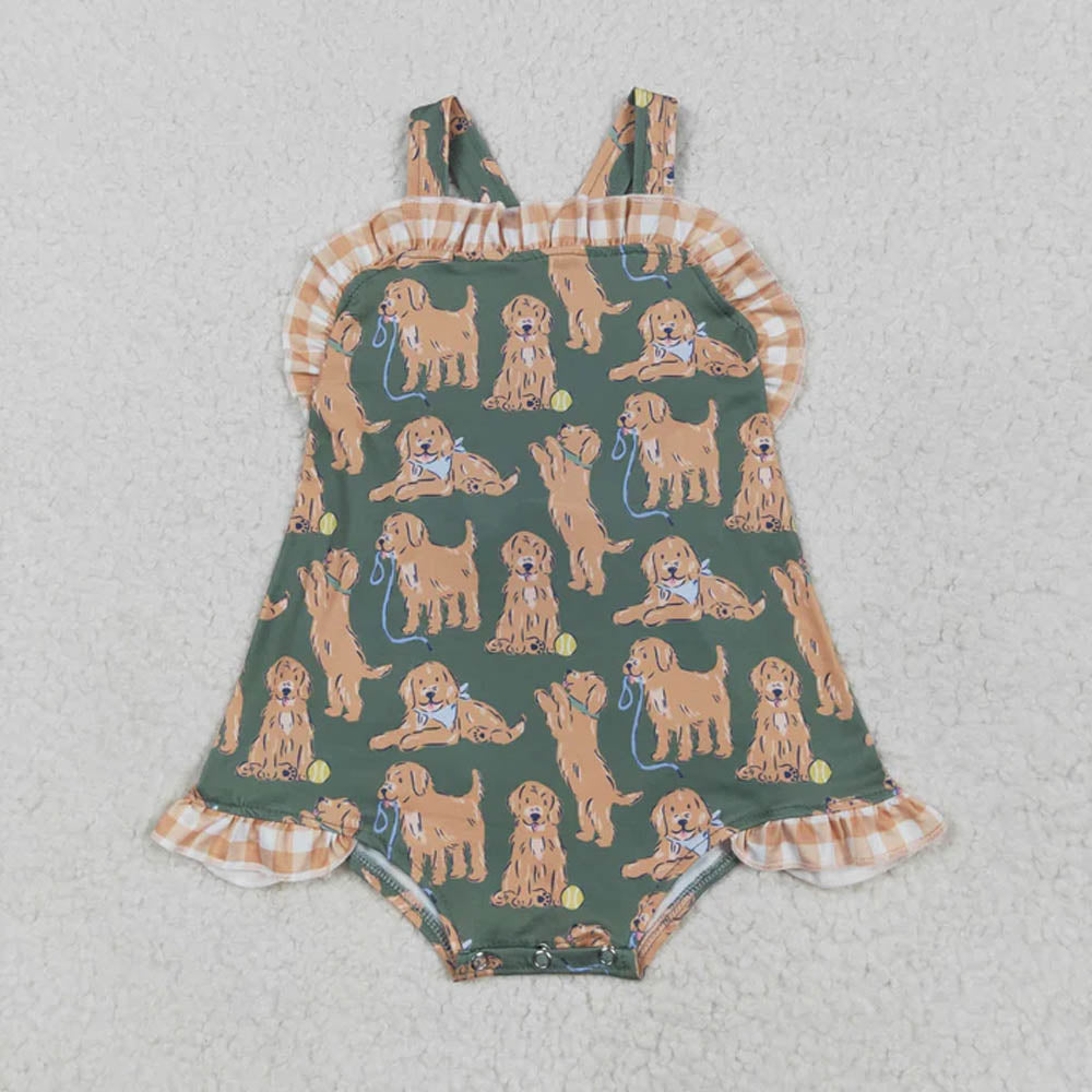 Sibling Baby Girls Green Sleeveless Dogs Bows Tunic Khaki Plaid Ruffle Shorts Sets Rompers  D 7.8