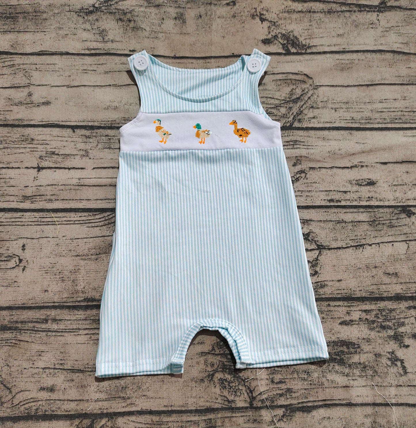 SR2991 Embroidery Baby Infant Boys Blue Stripe Sleeveless Ducks Button Rompers D 4.16