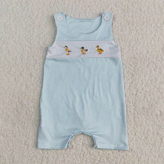 SR2991 Embroidery Baby Infant Boys Blue Stripe Sleeveless Ducks Button Rompers D 4.16