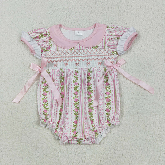 SR2994 Baby Infant Girls Pink Floral Bows Ruffle Rompers D 6.2