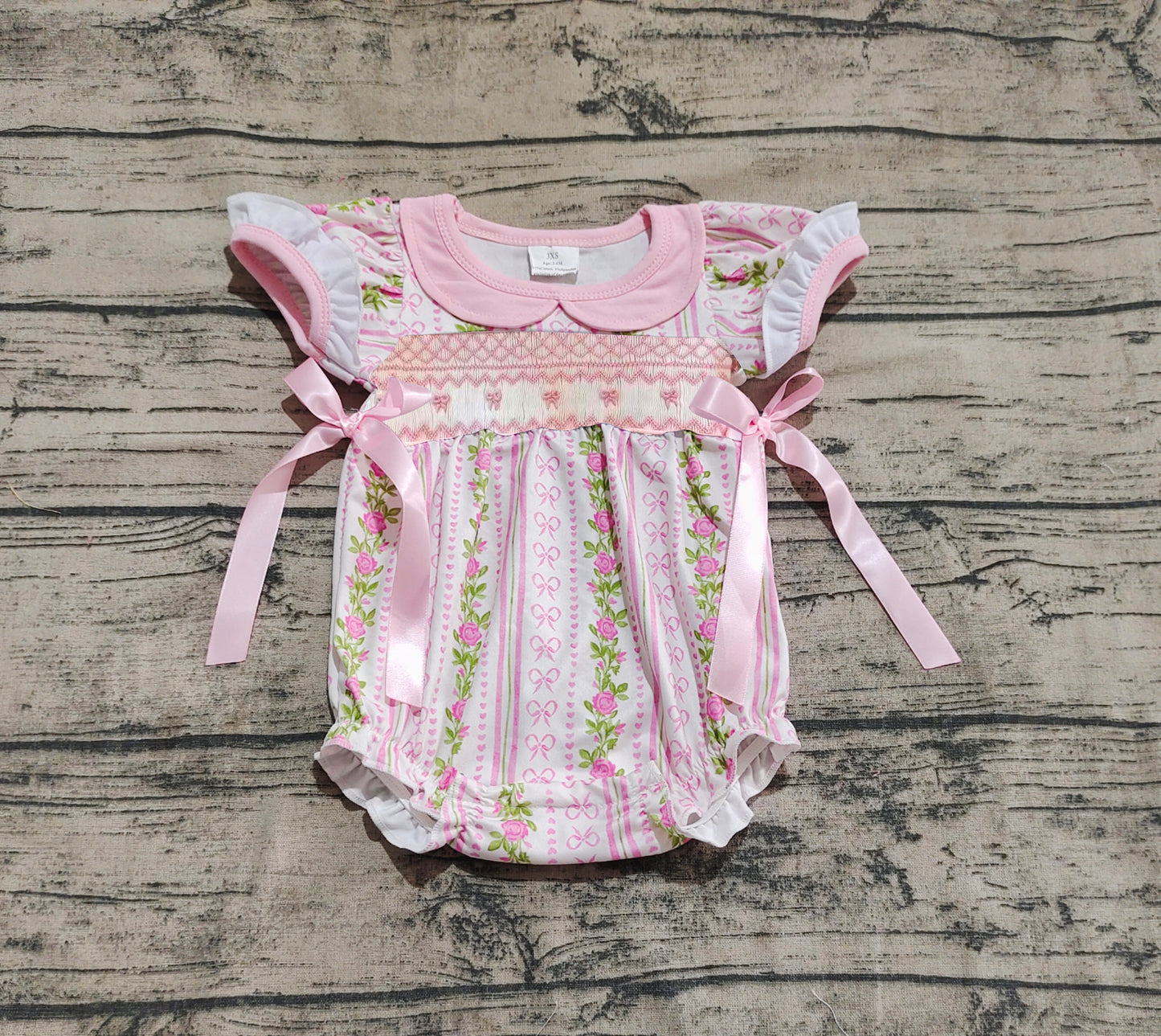 SR2994 Baby Infant Girls Pink Floral Bows Ruffle Rompers  D 6.2