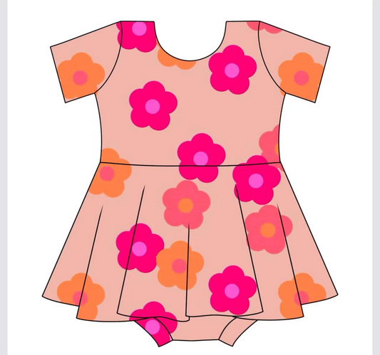 presale SR3004  Baby Infant Girls Short Sleeves Pink Flowers Dress Skort Rompers  D 3.19