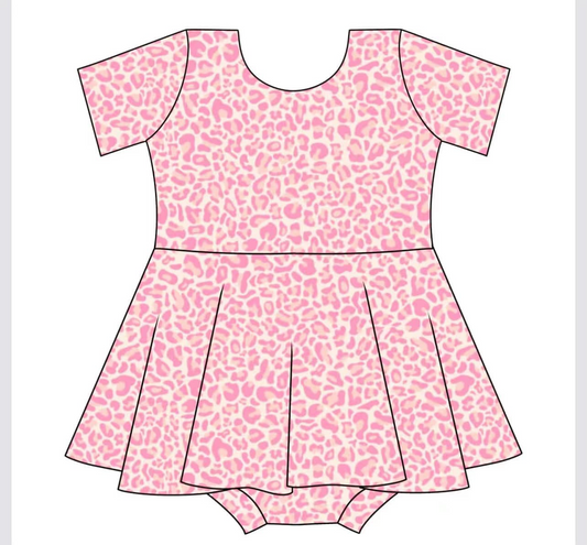 presale SR3006 Baby Infant Girls Short Sleeves Pink Leopard Dress Skort Rompers D 3.19