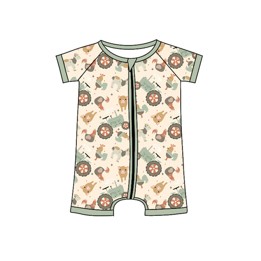 presale SR3019 Baby Infant Boys Short Sleeves Chicks Pigs Farm Zipper Rompers D 3.19