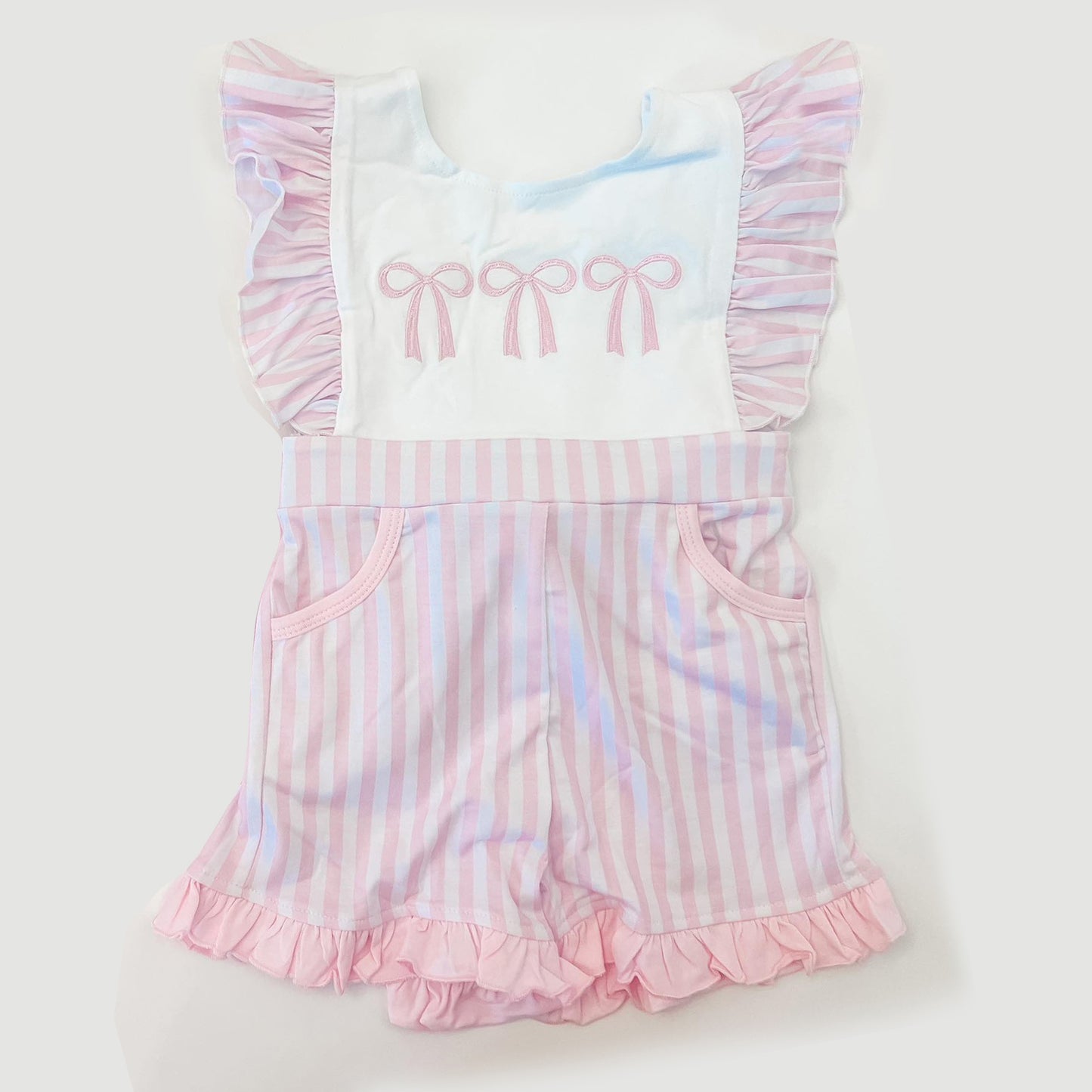 SR3025 Baby Girls Flutter Sleeves Pink Bows Pockets Jumpsuits  D 4.28