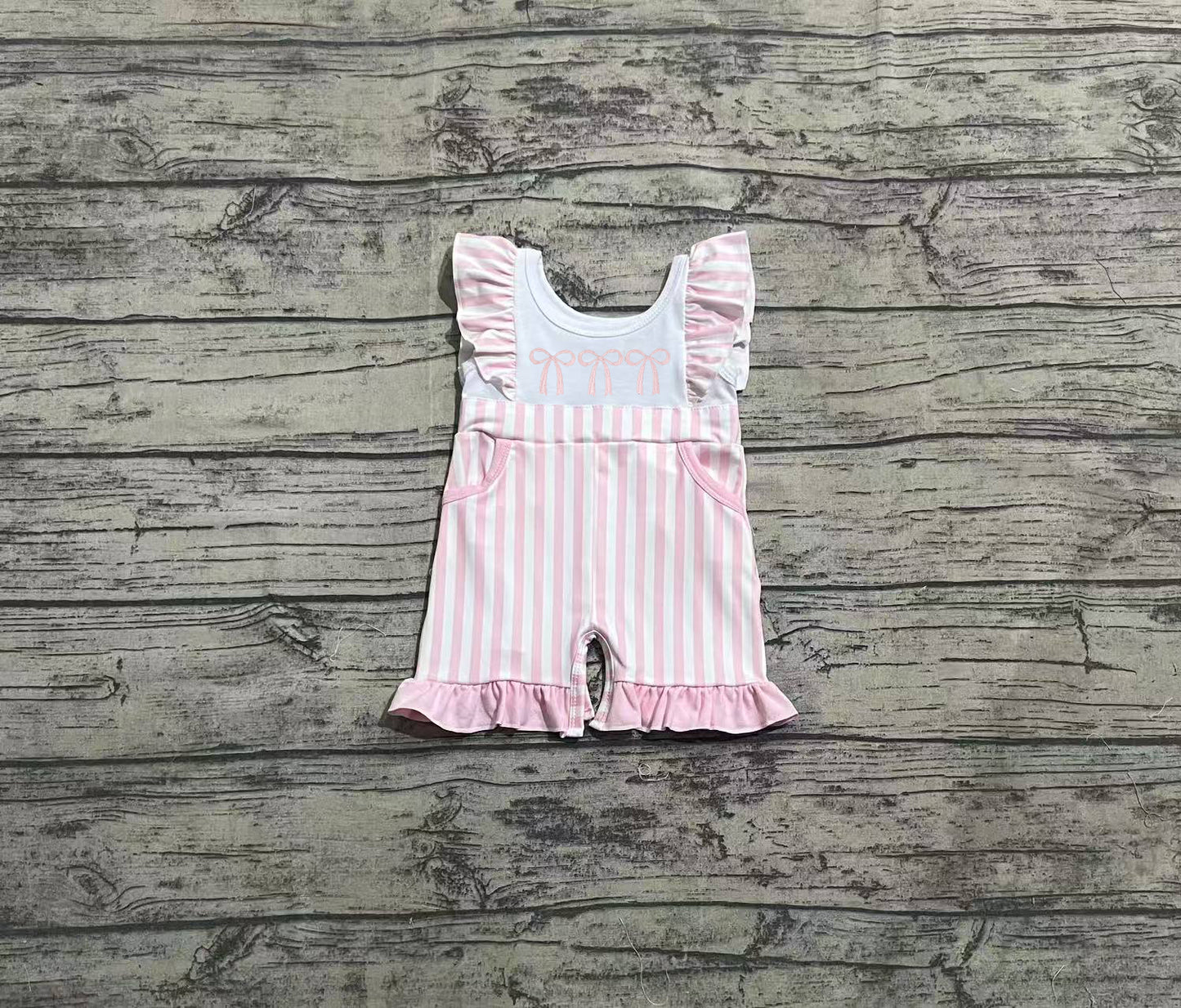 SR3025 Baby Girls Flutter Sleeves Pink Bows Pockets Jumpsuits  D 4.28