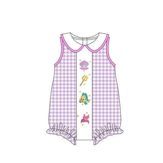 presale SR3033 Baby Girls Lavender Plaid Sleeveless Cartoon Fish Ruffle Rompers D 3.24
