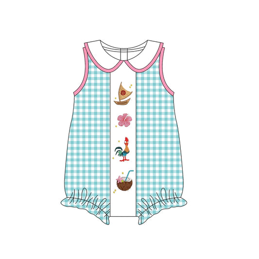 presale SR3034 Baby Girls Blue Plaid Sleeveless Floral Boats Ruffle Rompers  D 3.24