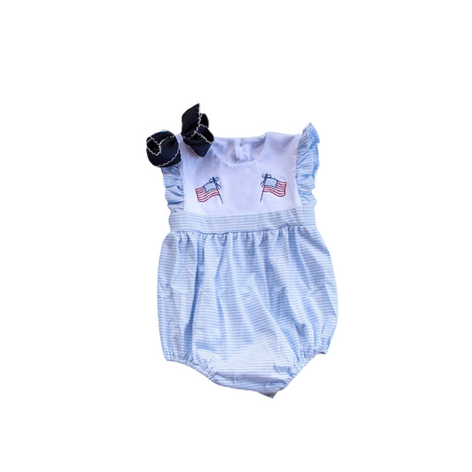 presale SR3035  Baby Girls Blue Flutter Sleeves Flags 4th Of July Ruffle Rompers D 3.24