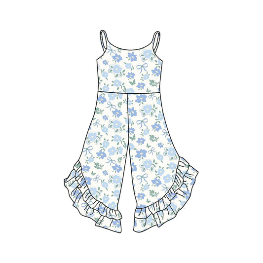 presale SR3036  Baby Girls Strap Blue Floral Ruffle Jumpsuits D 3.24