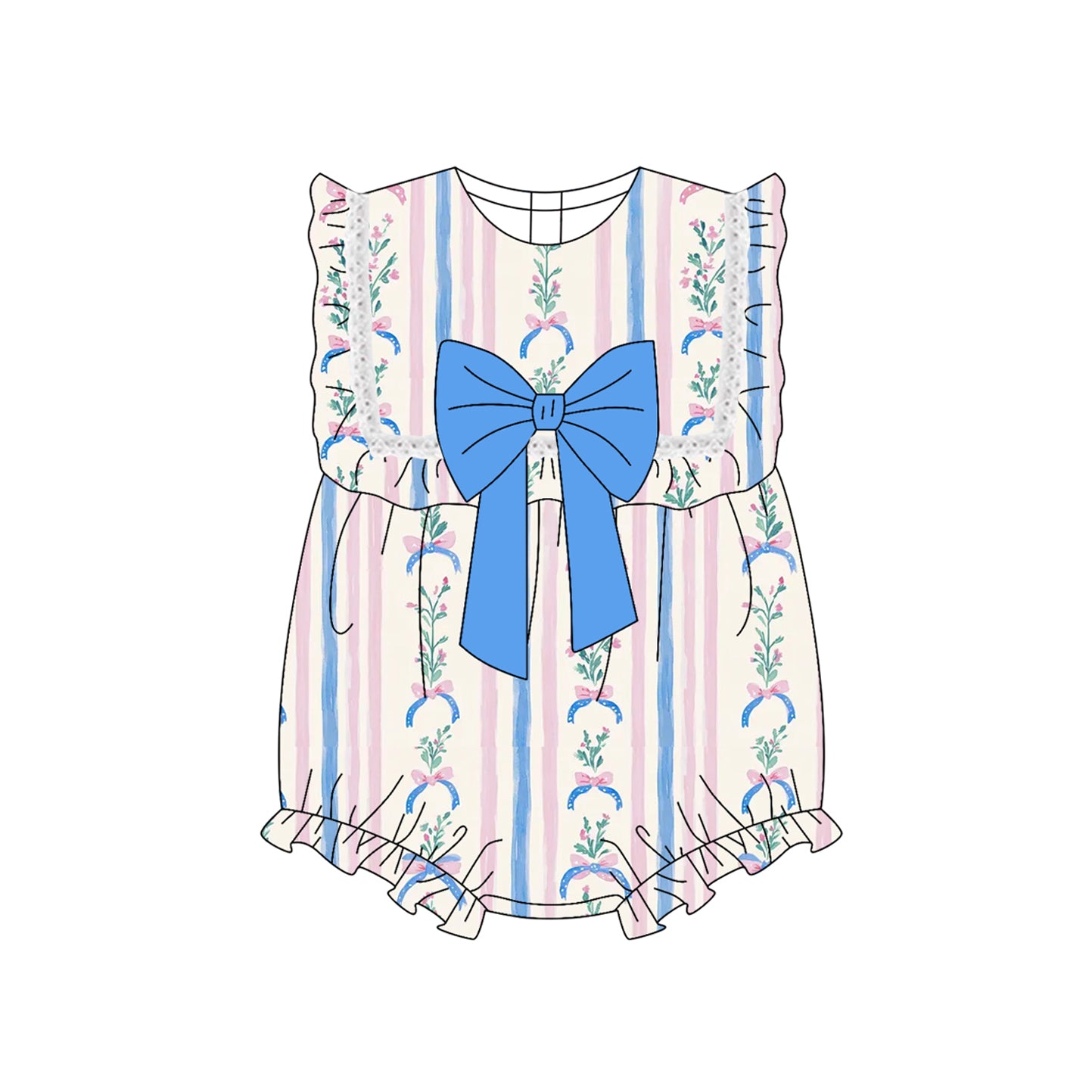 SR3045  Light blue bow pattern striped floral lace sleeve tank top bodysuit D 1007