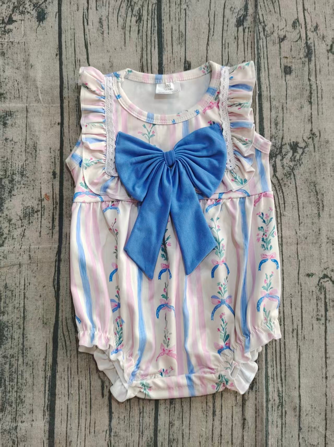 SR3045  Light blue bow pattern striped floral lace sleeve tank top bodysuit D 1007