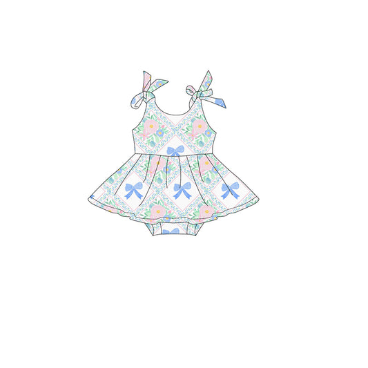 presale SR3046 Floral Blue Bow Plaid Camisole Bodysuit  D 3.29