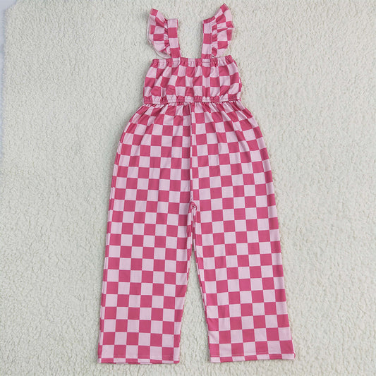 SR3050  Baby Girls Flutter Sleeves Pink Plaid Bell Jumpsuits D 6.11