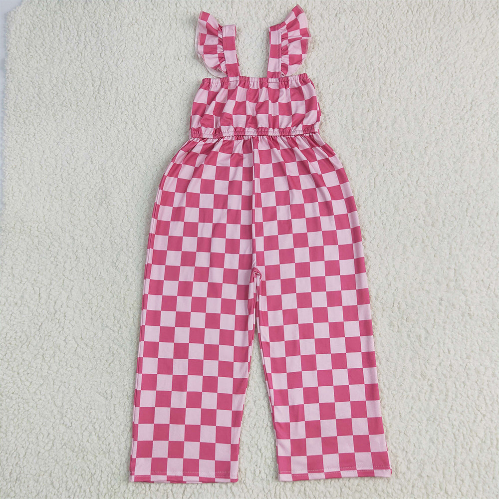 SR3050  Baby Girls Flutter Sleeves Pink Plaid Bell Jumpsuits D 6.11