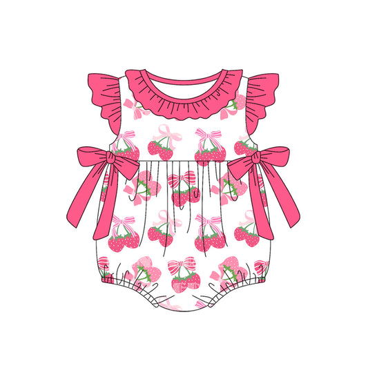 presale SR3059 Baby Girls Pink Flutter Sleeves Bows Strawberry Ruffle Rompers D 4.3