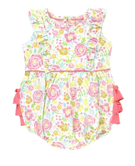 presale SR3060 Baby Girls Sleeveless Yellow Pink Floral Bubble Ruffle Rompers D 4.3