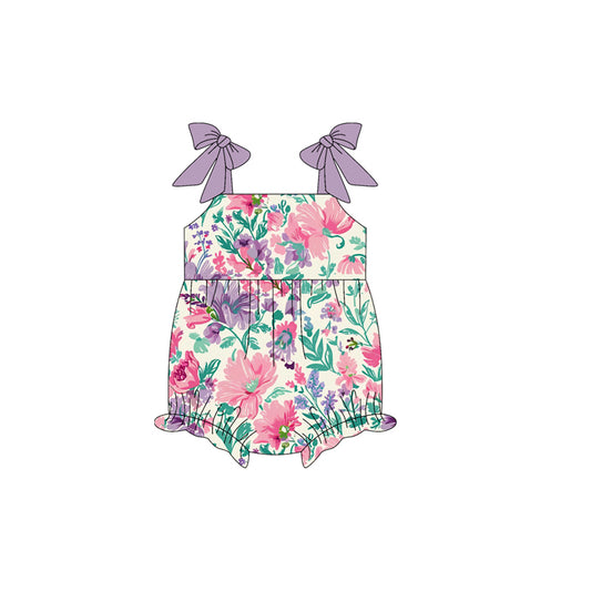 presale SR3061 Baby Girls Lavender Bows Strap Floral Ruffle Romper D 4.4