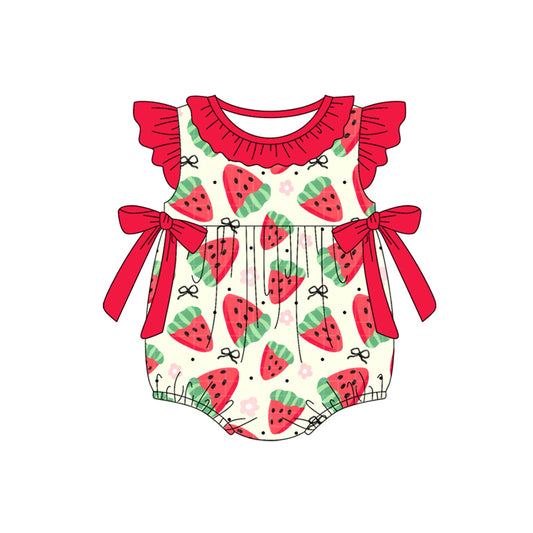 presale SR3062 Baby Girls Red Flutter Sleeves Bows Strawberry Ruffle Rompers D 4.4