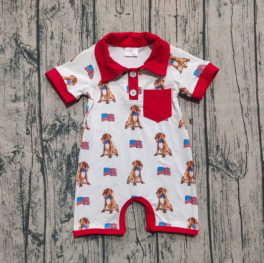 presale SR3064 Baby Boys Short Sleeves Button Pocket Flags Dogs 4th Of July Rompers D 6.17