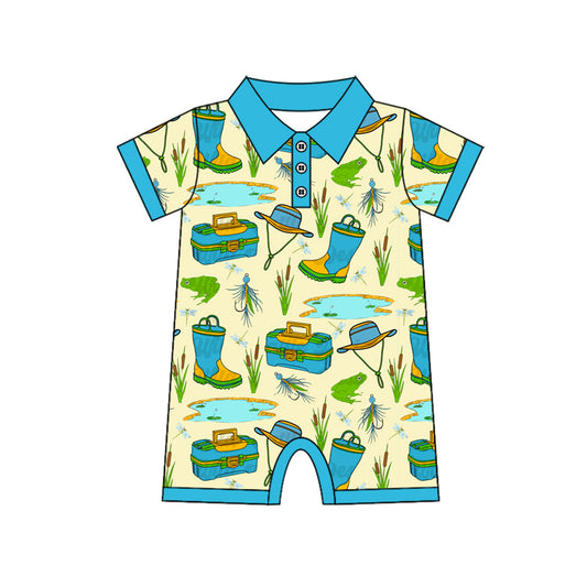 presale SR3065 Baby Boys Blue Short Sleeves Button Fishing Rompers D 4.8
